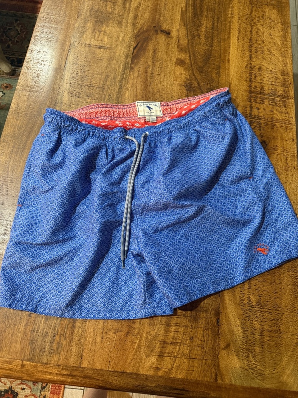 Ted Baker Blue Patterned Swim Trunks with Red Waistband